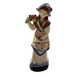 Vintage Occupied Japan Lady Figurine w/ Flowers Blue Bonnet Hand Painted 9.5”
